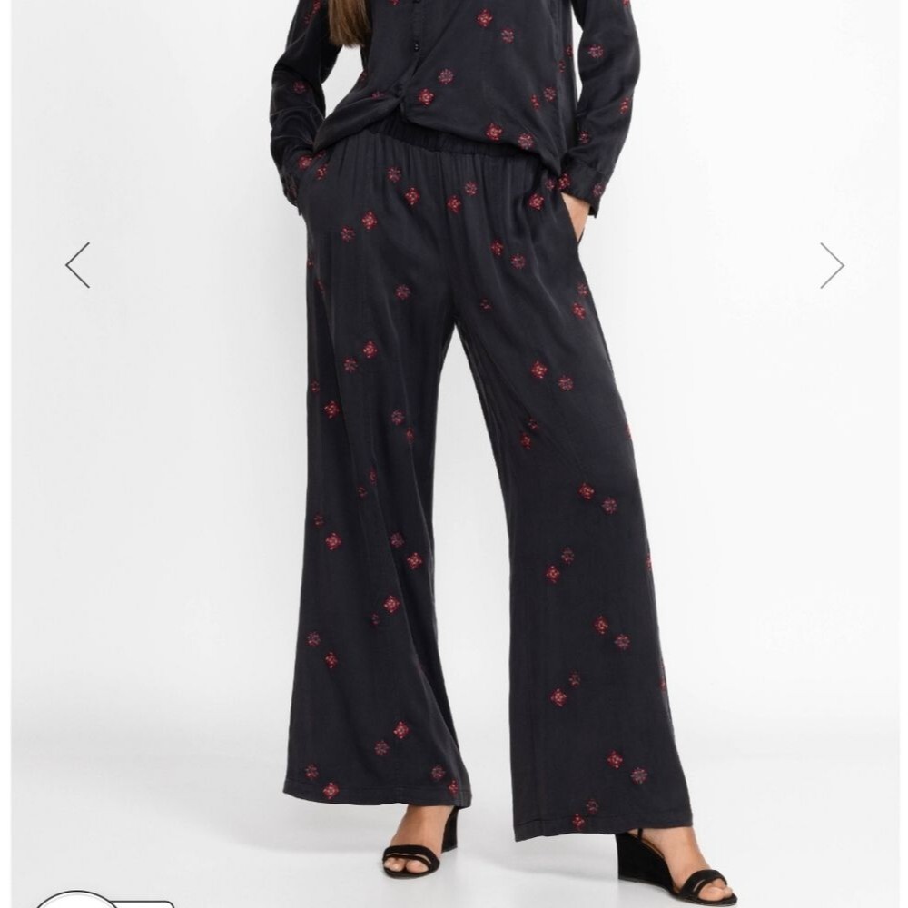 Johnny Was Floral Embroidered Maxine Seamed Wide Leg Pants Black Women's Large